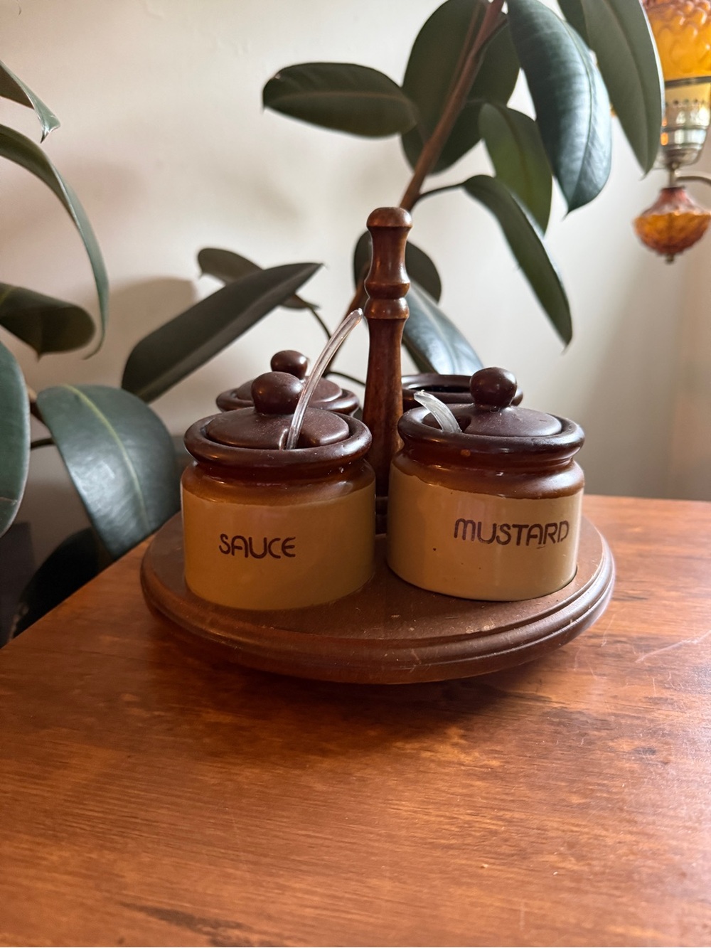 Vintage Sauce & Mustard Ceramic Condiment Set in Brown and Mustard Yellow